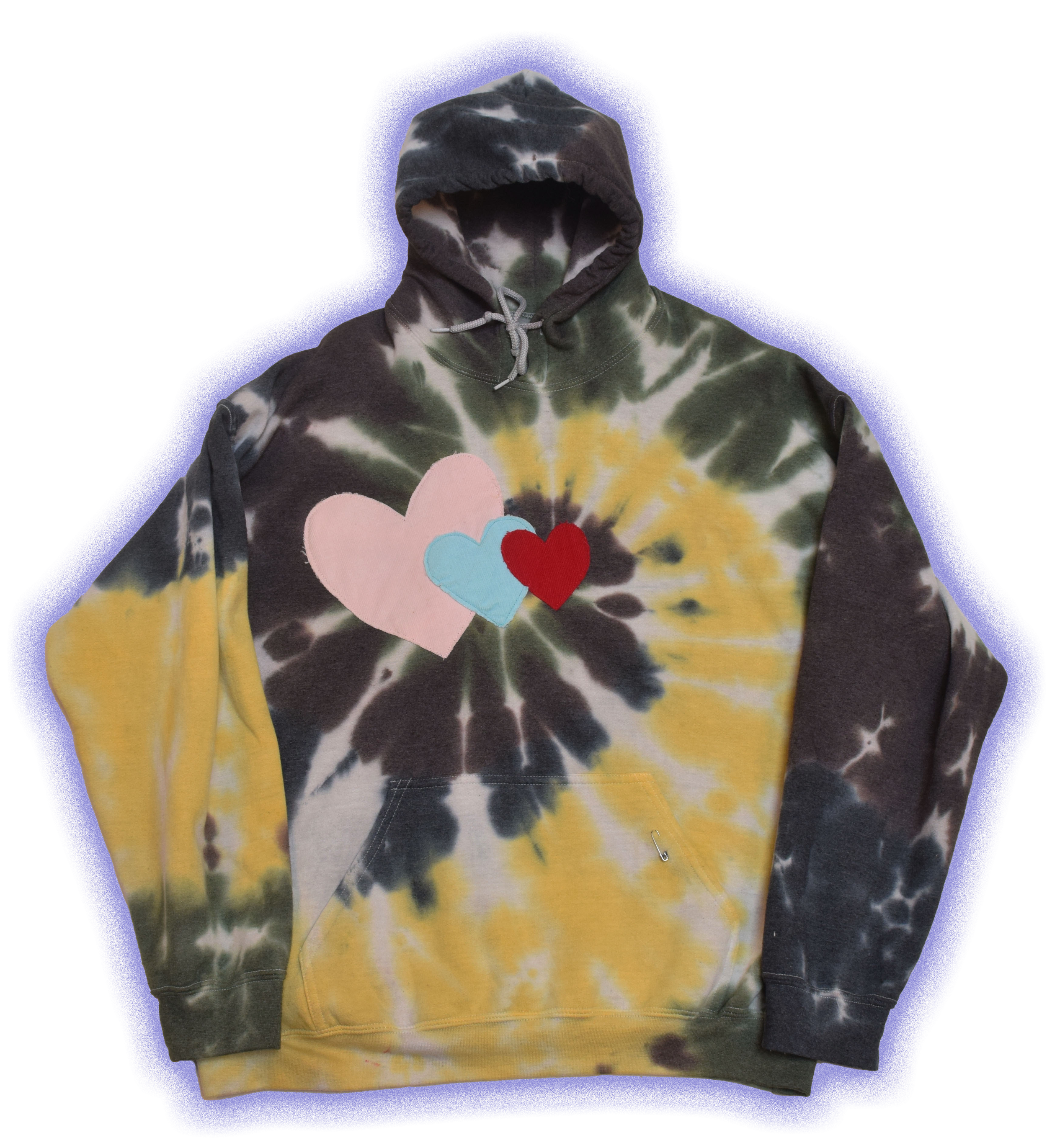 Tie-dye hoodie with yellow, brown, and green swirl pattern, featuring three sewn felt hearts in pink, blue, and red on the front.