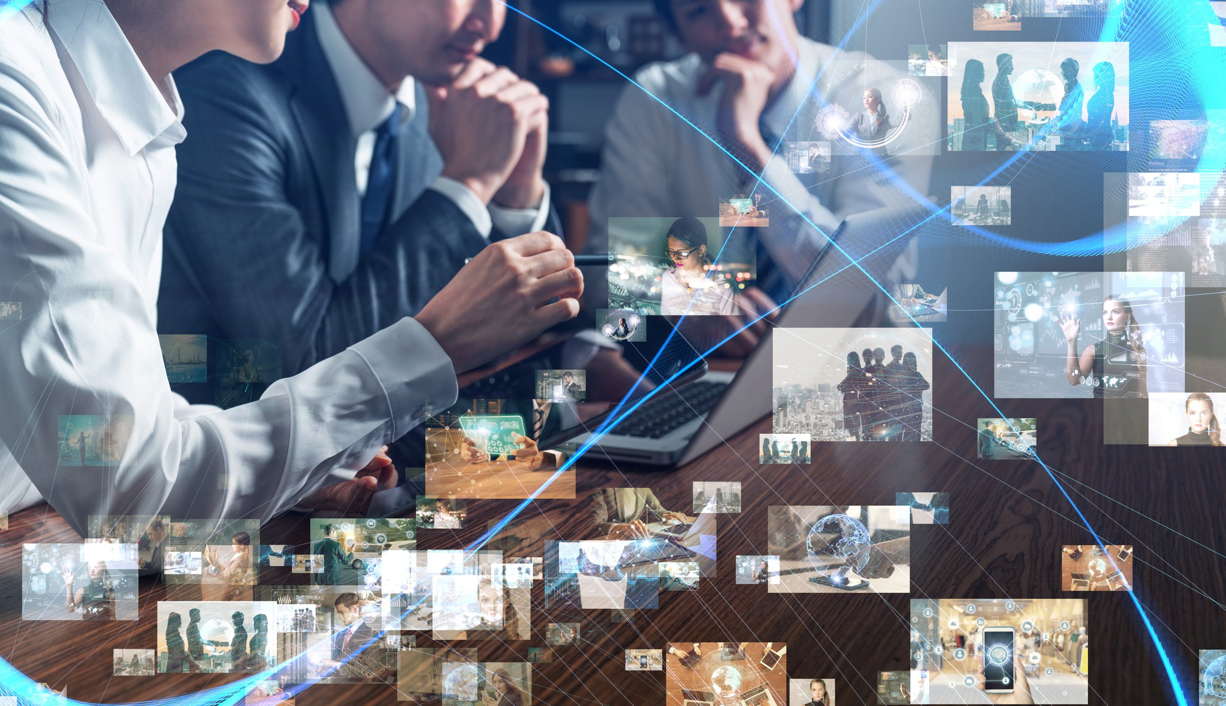 Group of professionals in business attire working on digital devices, with a futuristic overlay of interconnected images and data visualizations representing technology and communication.