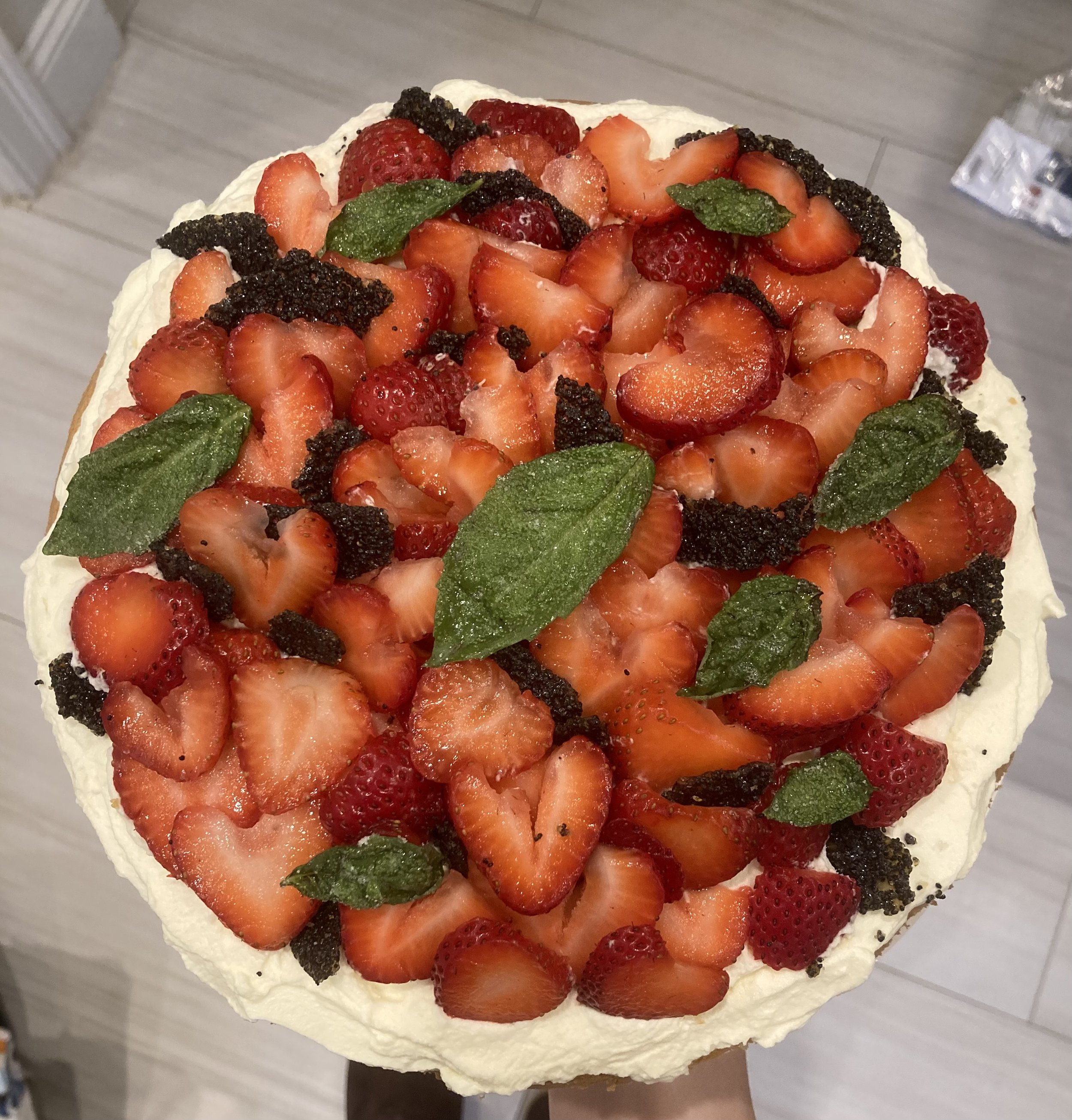 Strawberry sponge cake with mascarpone whip, poppyseed brittle, and candied basil