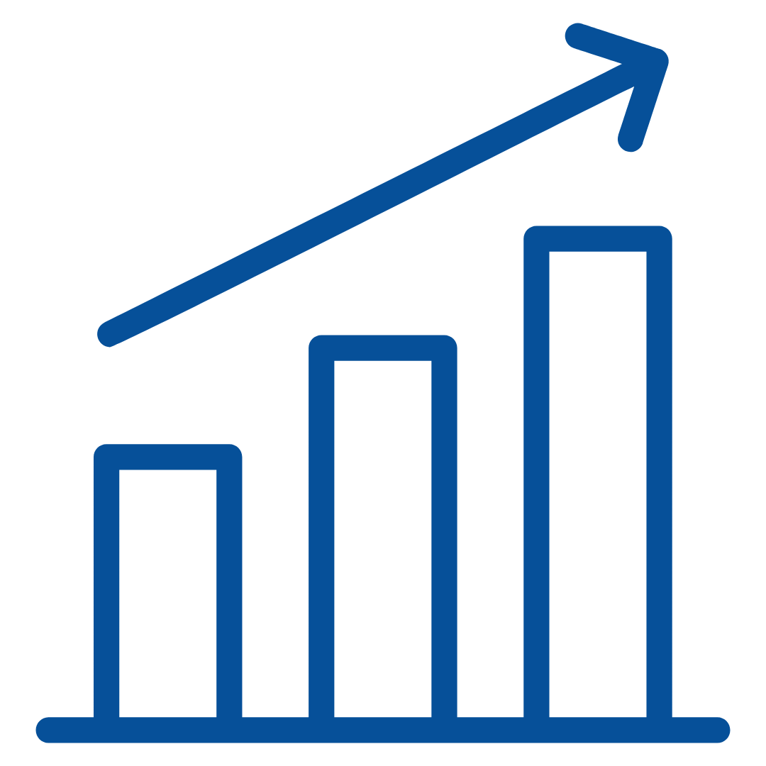 A blue line graph with three bars increasing in height from left to right, and a diagonal upward arrow indicating growth.