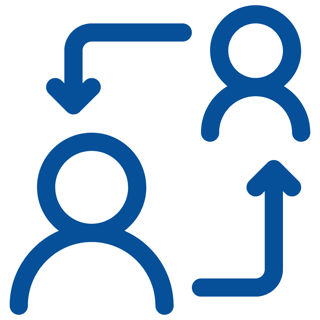 Icon showing two stylized human figures connected by arrows, indicating communication or interaction.