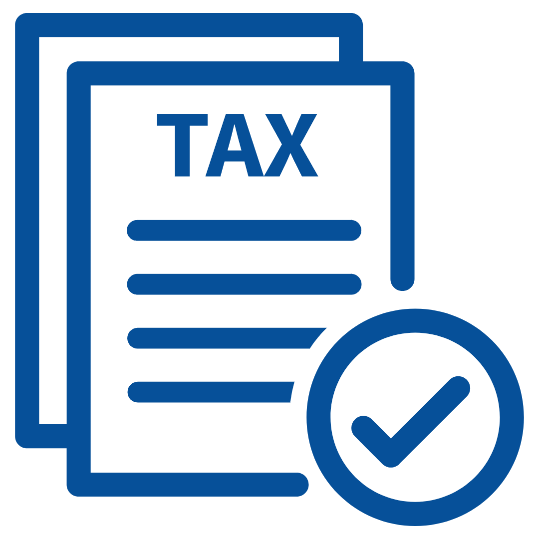 Icon of tax documents with a checkmark, representing tax filing or approval.