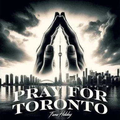 Silhouetted hands in prayer position over Toronto city skyline with CN Tower, dark clouds background, and text 'Pray for Toronto'. Fame Holiday single cover art.
