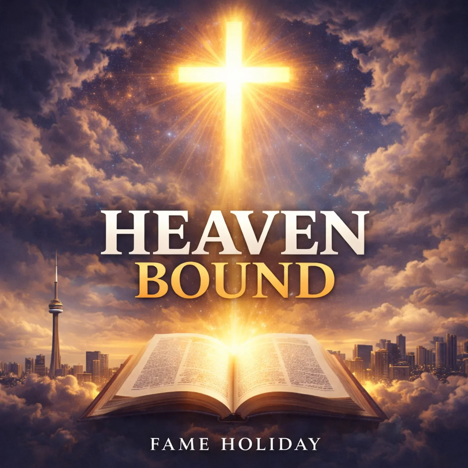 An open book with glowing light emanating from its pages, floating among clouds in a heavenly sky with a golden cross shining brightly above, and a city skyline in the distance. Text on the image reads "Heaven Bound" and "Fame Holiday."