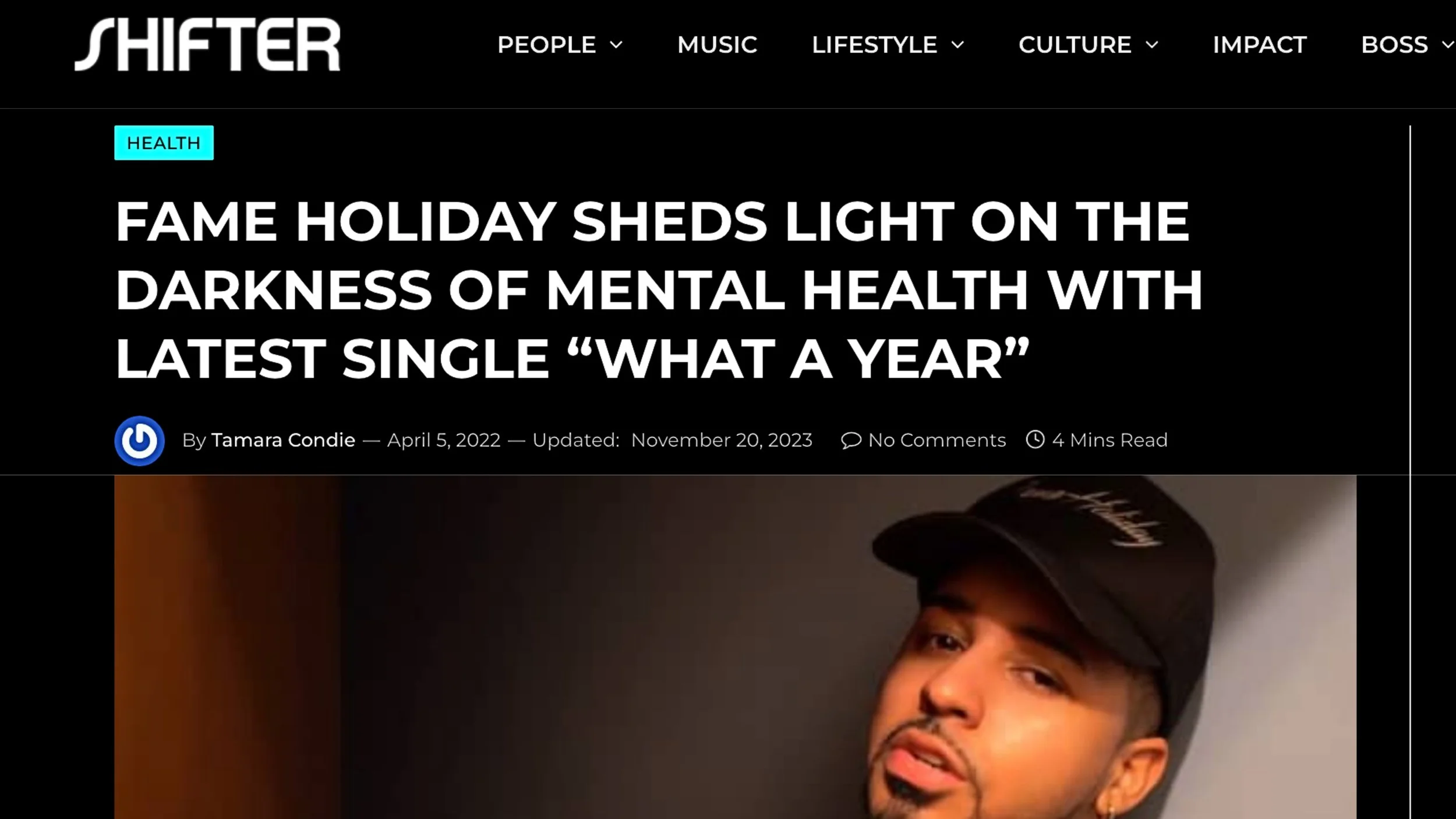 "Fame Holiday sheds light on the darkness of mental health with latest single 'What a Year'" on the website Shifter. The article is authored by Tamara Condie, published on April 5, 2022, with an update on November 20, 2023. The page features a photog