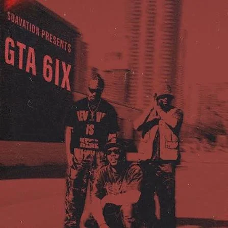 Three people posing in front of a black banner with red text that reads 'GTA 6ix' ft Fame Holiday cover art. The photo has a red tint.
