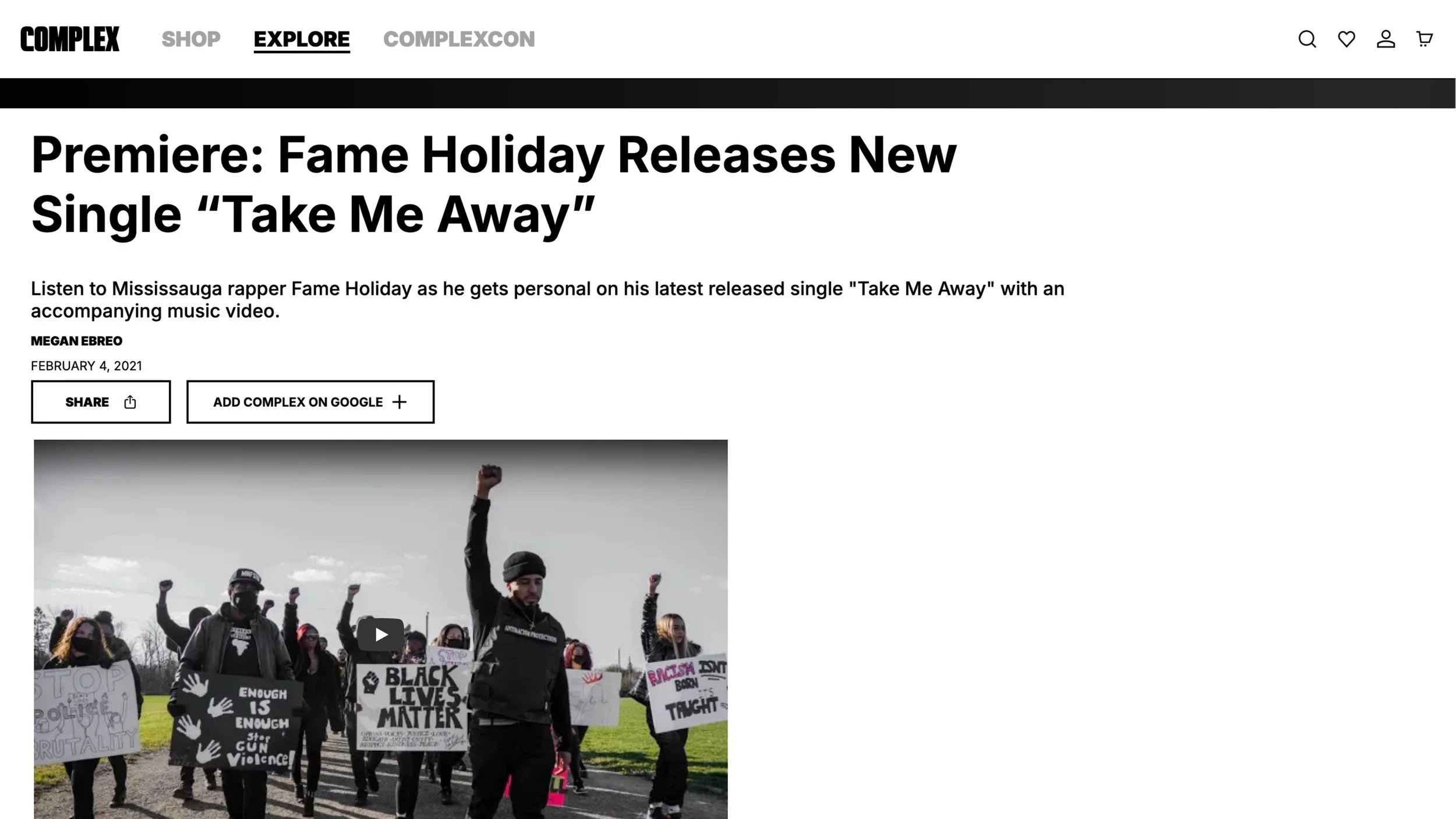 A group of protesters outdoors holding signs with messages like "enough is enough stop gun violence" and "black lives matter." The protesters are wearing dark clothing and face masks, with some raising fists in the air. Fame Holiday Complex article.