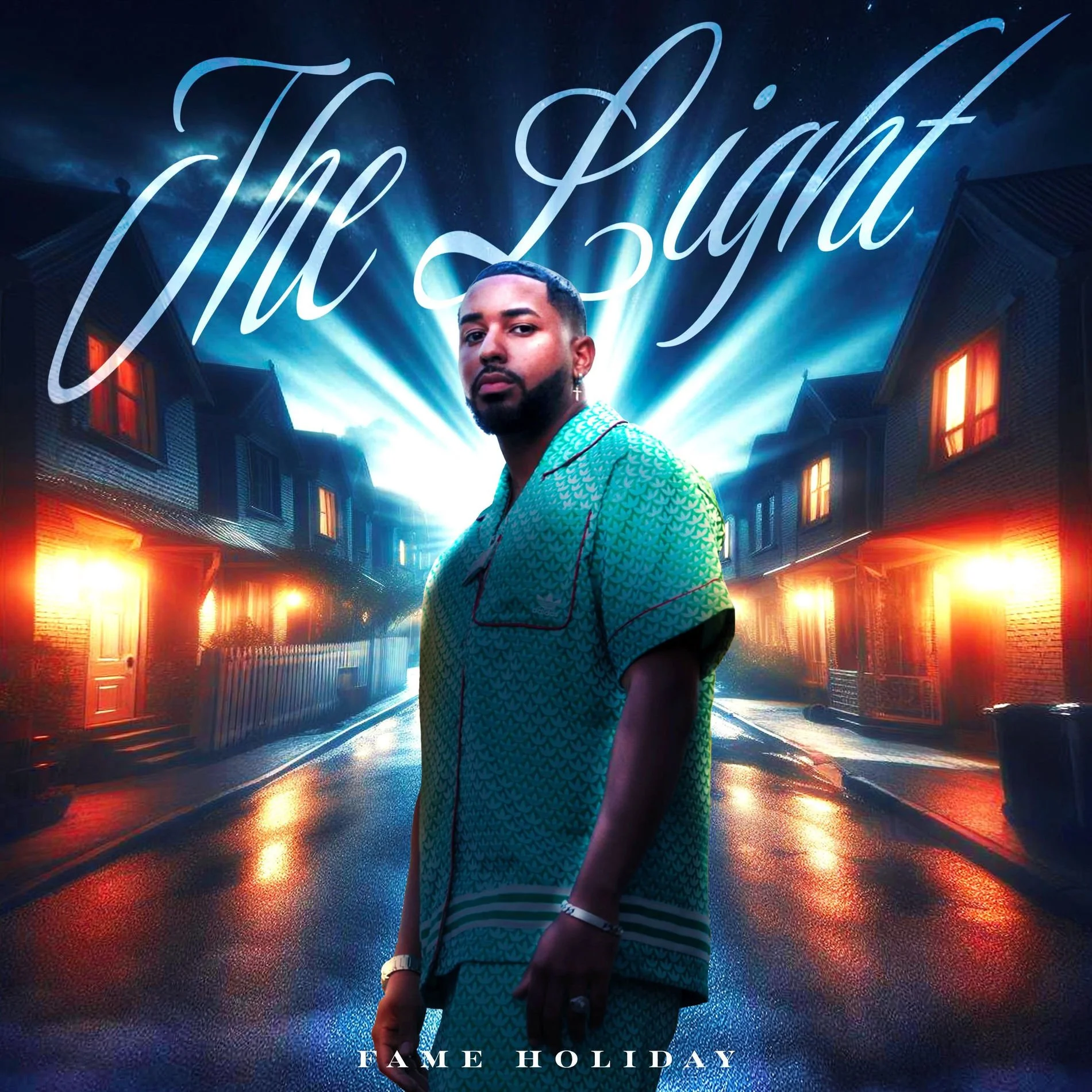 Album cover featuring a man in green pajamas standing on a street at night with illuminated houses and a starry sky, with the text 'I’ll be Liyht' at the top and 'Fame Holiday' at the bottom.