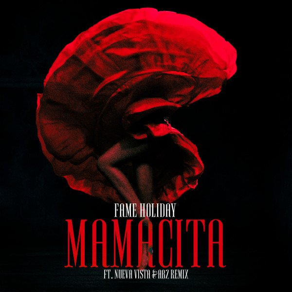 Cover art for the song 'Mamacita' featuring a dancer surrounded by flowing red fabric in front of a black background.