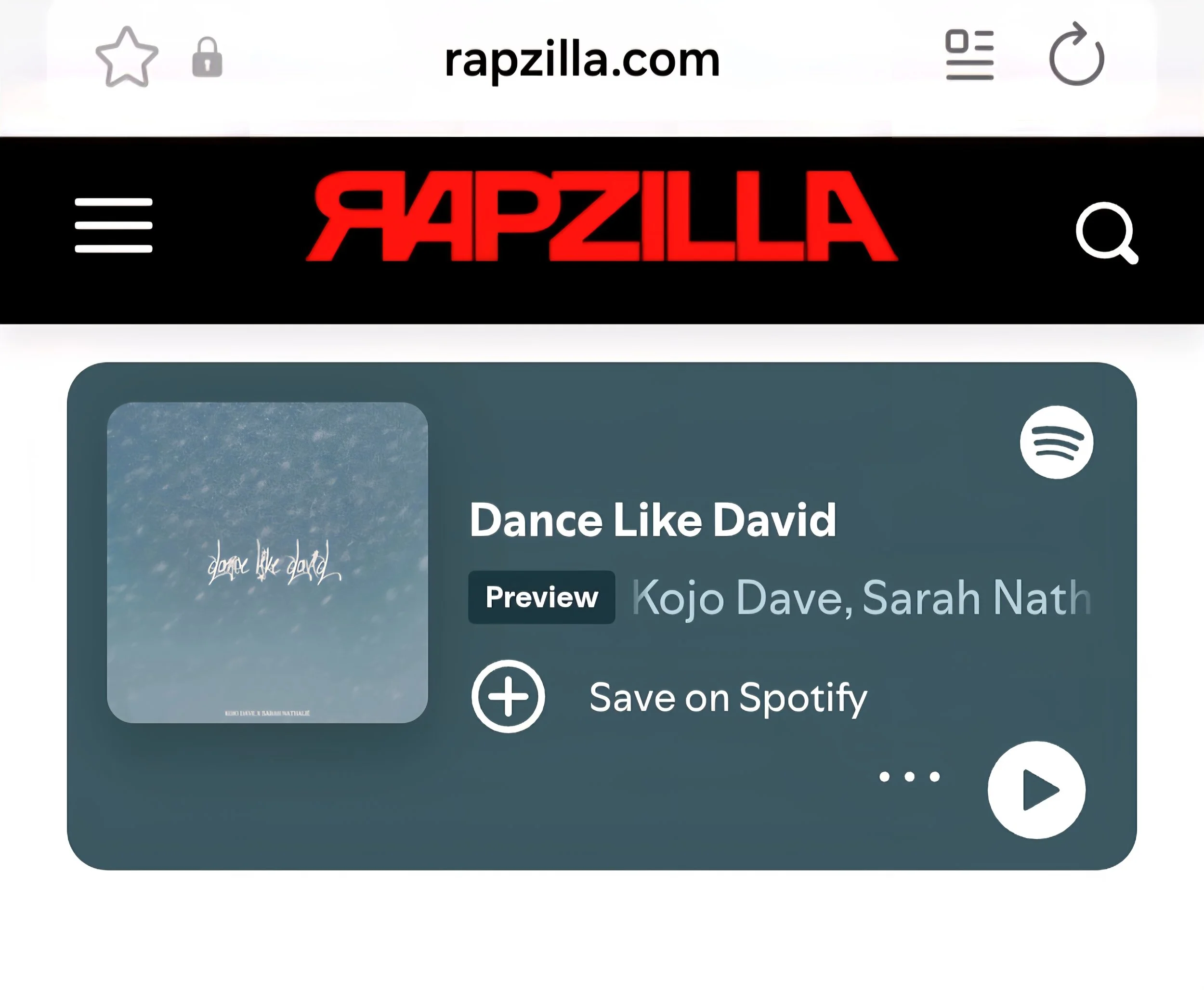 Rapzilla Press Release for song 'Dance Like David' by Kojo Dave and Sarah Nathalié, with the album cover, play button, and options to save or preview.