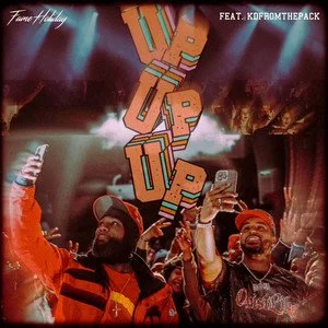 Two people at a party holding up phones, with a colorful sign that says 'Turn Up.' In the background, there are palm trees and vibrant lighting.