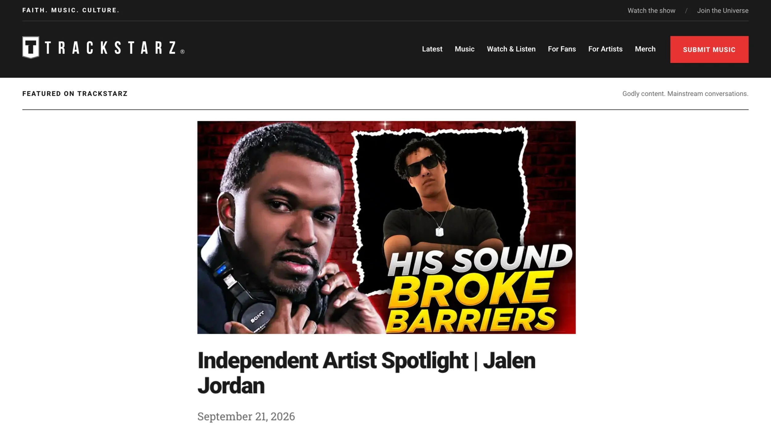 Jalen Jordan 2026 feature on Trackstarz titled "His Sound Broke Barriers," interviewed by Ryan Righteous.