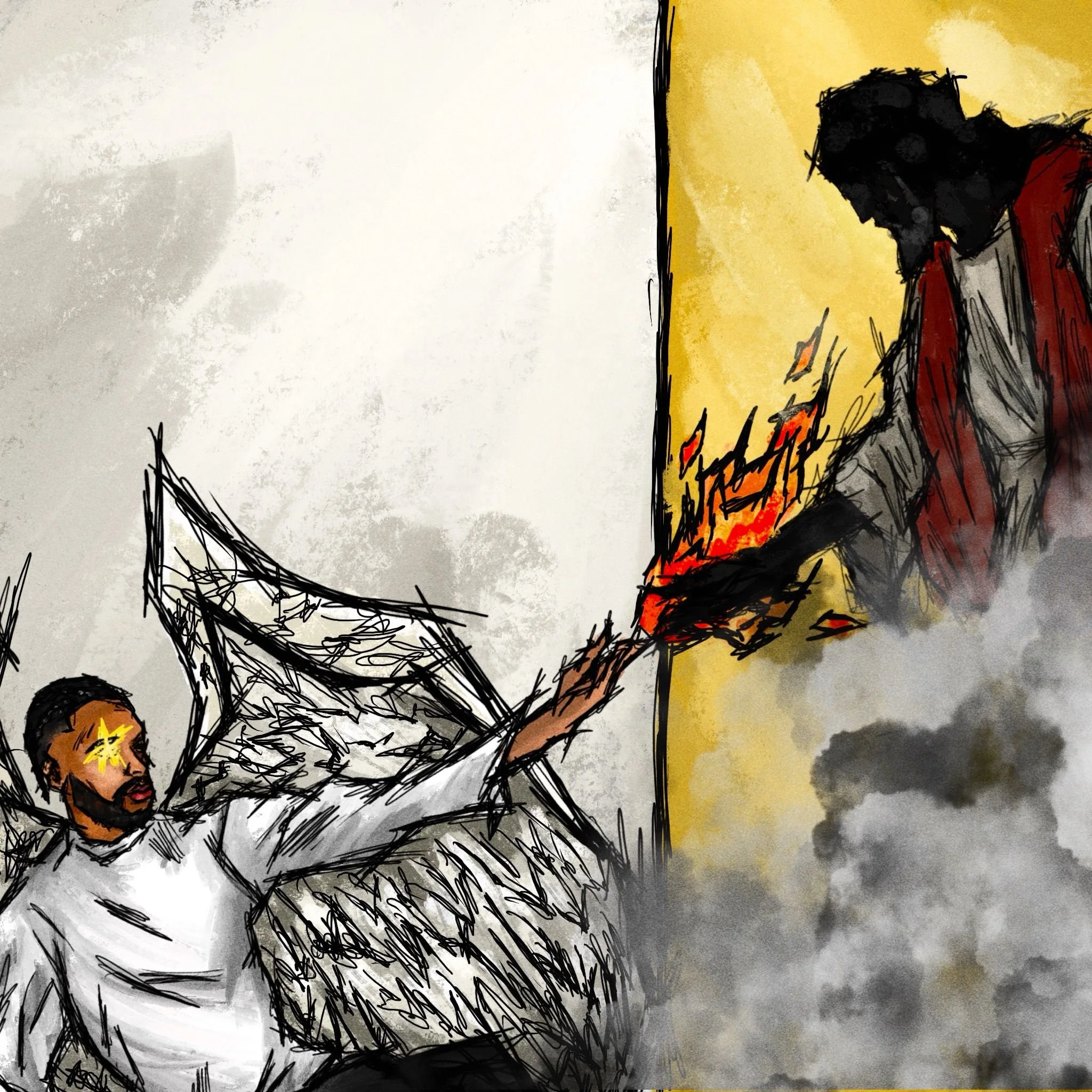 Christian man with angel wings reaching out to Jesus who is burning on the cross in a fiery background. Jx.Zero Touched By God EP cover art.