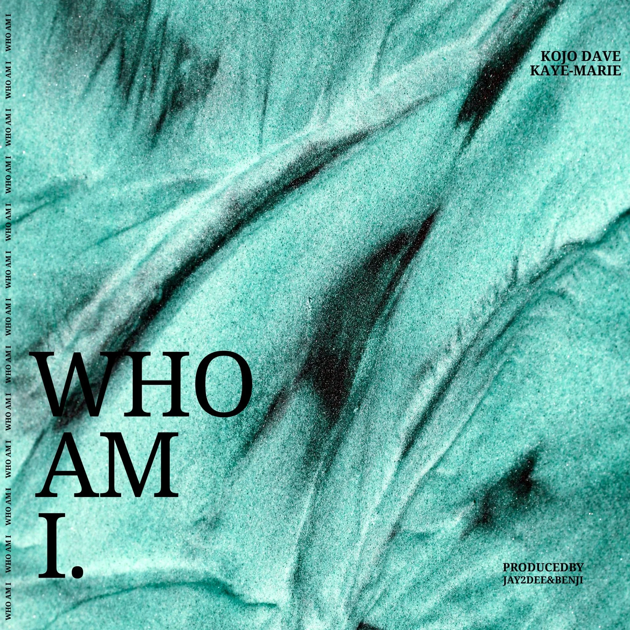 Close-up of a fabric with a teal color and black streaks, book cover titled 'WHO AM I.' by Kojo Dave Kaye-Marie, produced by Jay2dee&Benji.
