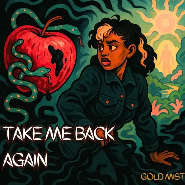 DĀHNI with curly dark hair and a blonde streak, wearing a dark jacket, appears distressed, sitting with a tense expression. "Take Me Back Again," cover art.