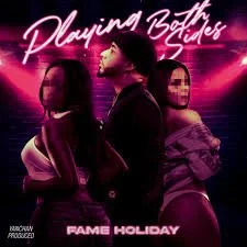 Promotional poster for the movie 'Playing Both Sides' showing two women and one man against a neon pink and purple background with cityscape silhouettes.