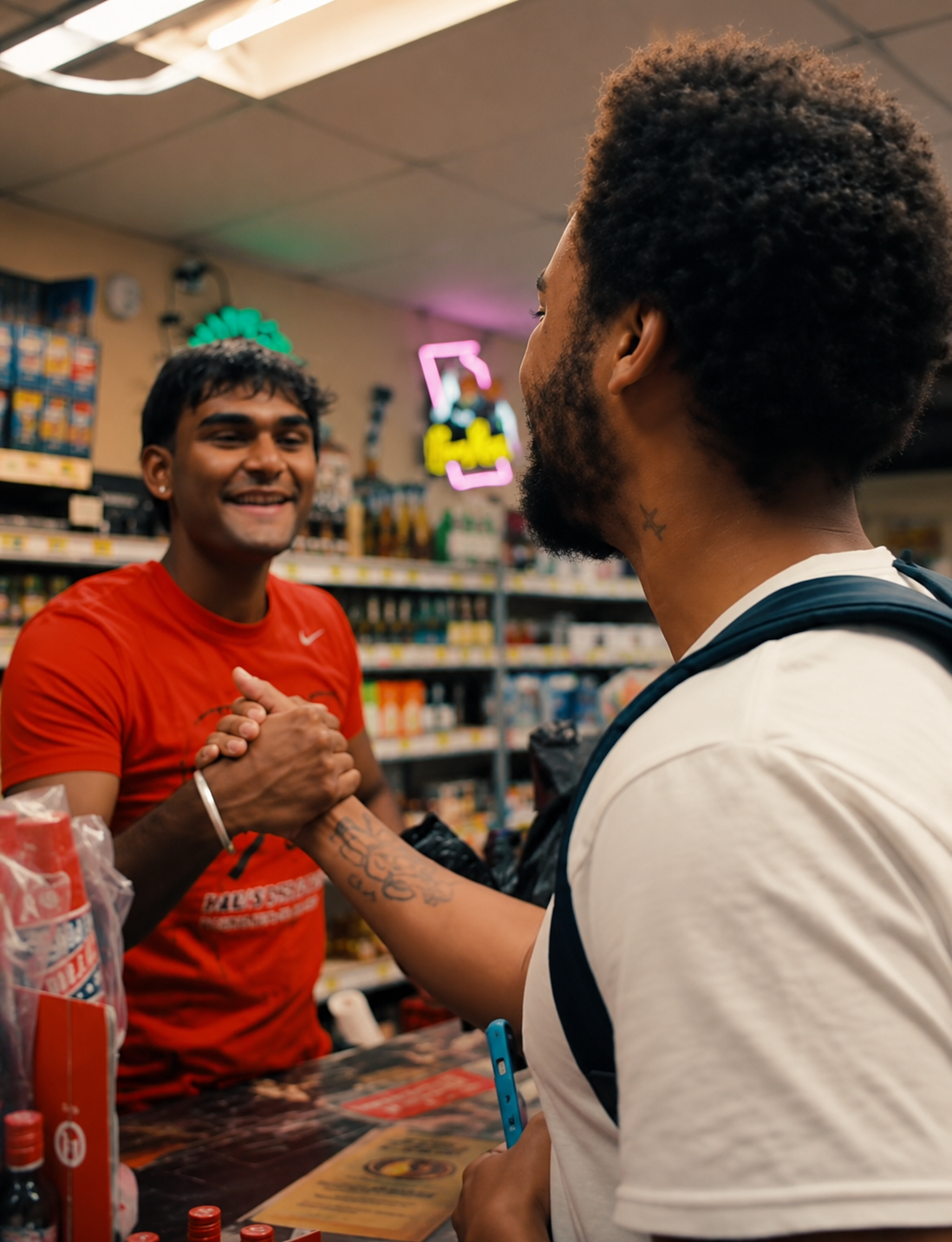 Jx.Zero in a white shirt with a backpack shaking hands with a smiling man in a red shirt inside a store.