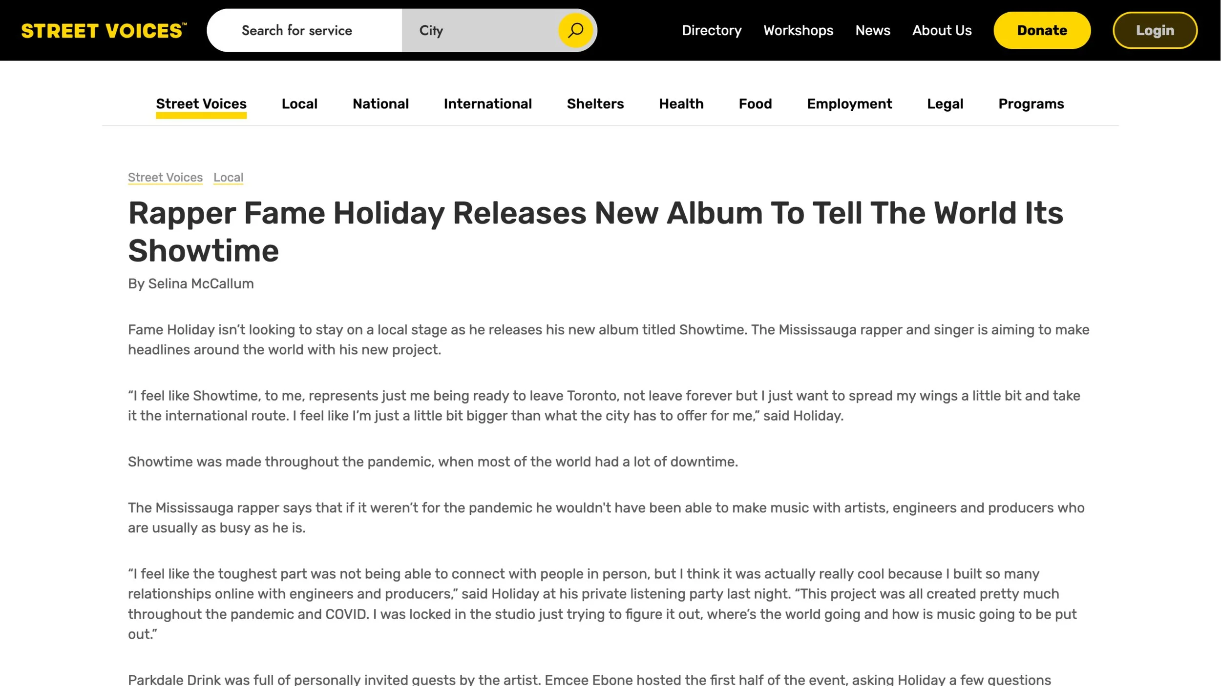 "Rapper Fame Holiday Releases New Album To Tell The World Its Showtime." The article discusses rapper Fame Holiday's new album release and its significance during the pandemic, with quotes from Holiday about his artistic journey and experiences.