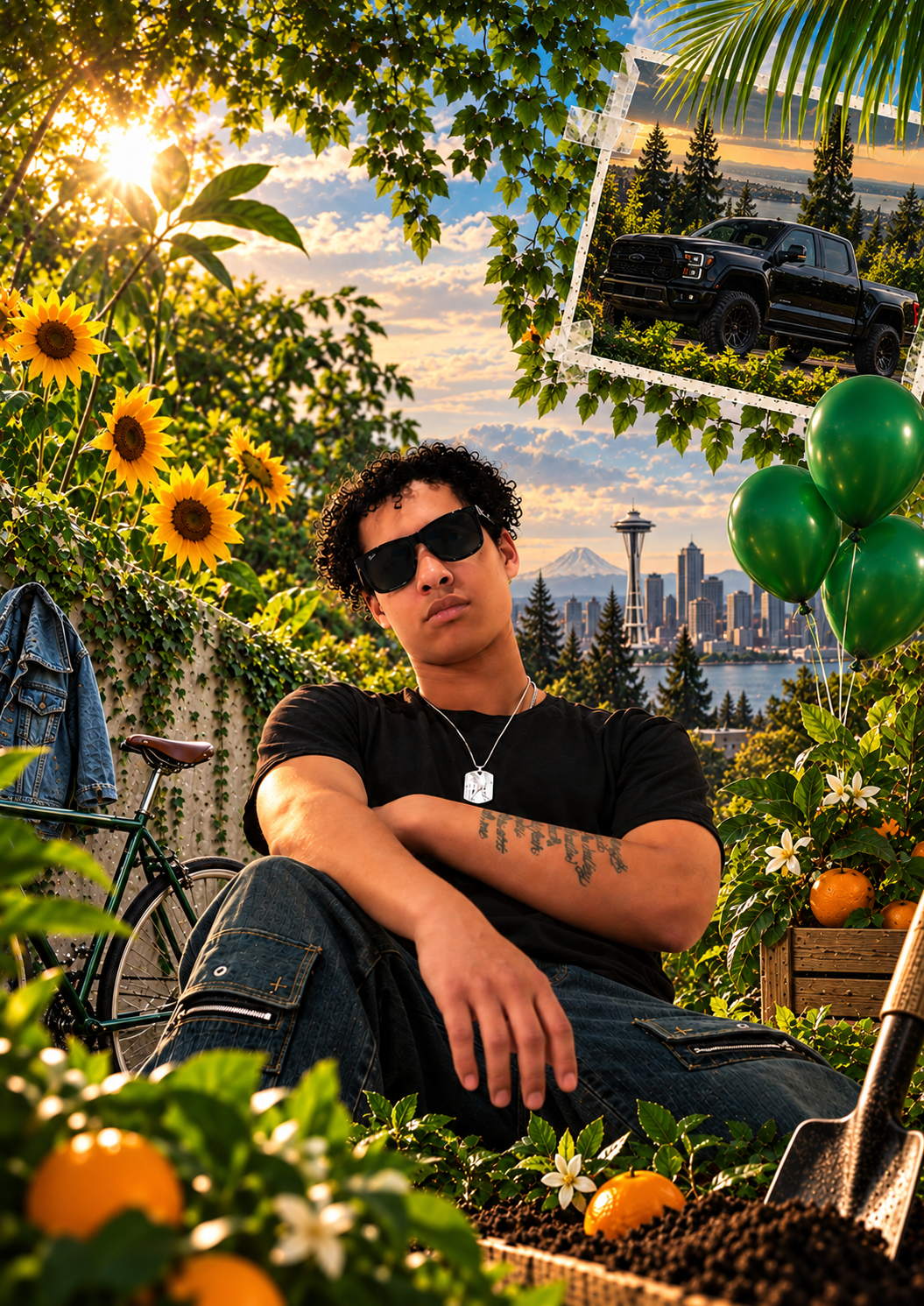 Jalen Jordan wearing sunglasses and a black t-shirt sitting in a garden, with sunflowers and orange plants around him, a bicycle beside him, a fence covered in green vines, and a city skyline with the Space Needle and Mount Rainier in the background.