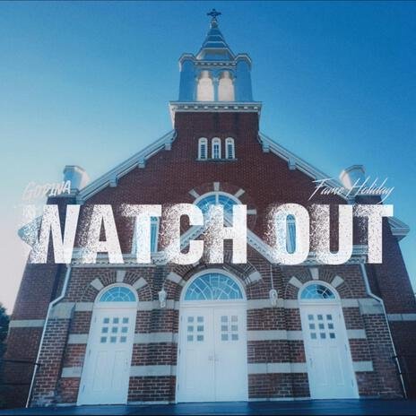 Front view of a red brick church with white accents, large arched windows, and a bell tower against a clear blue sky. It's Fame Holiday's Watch Out Cover Art