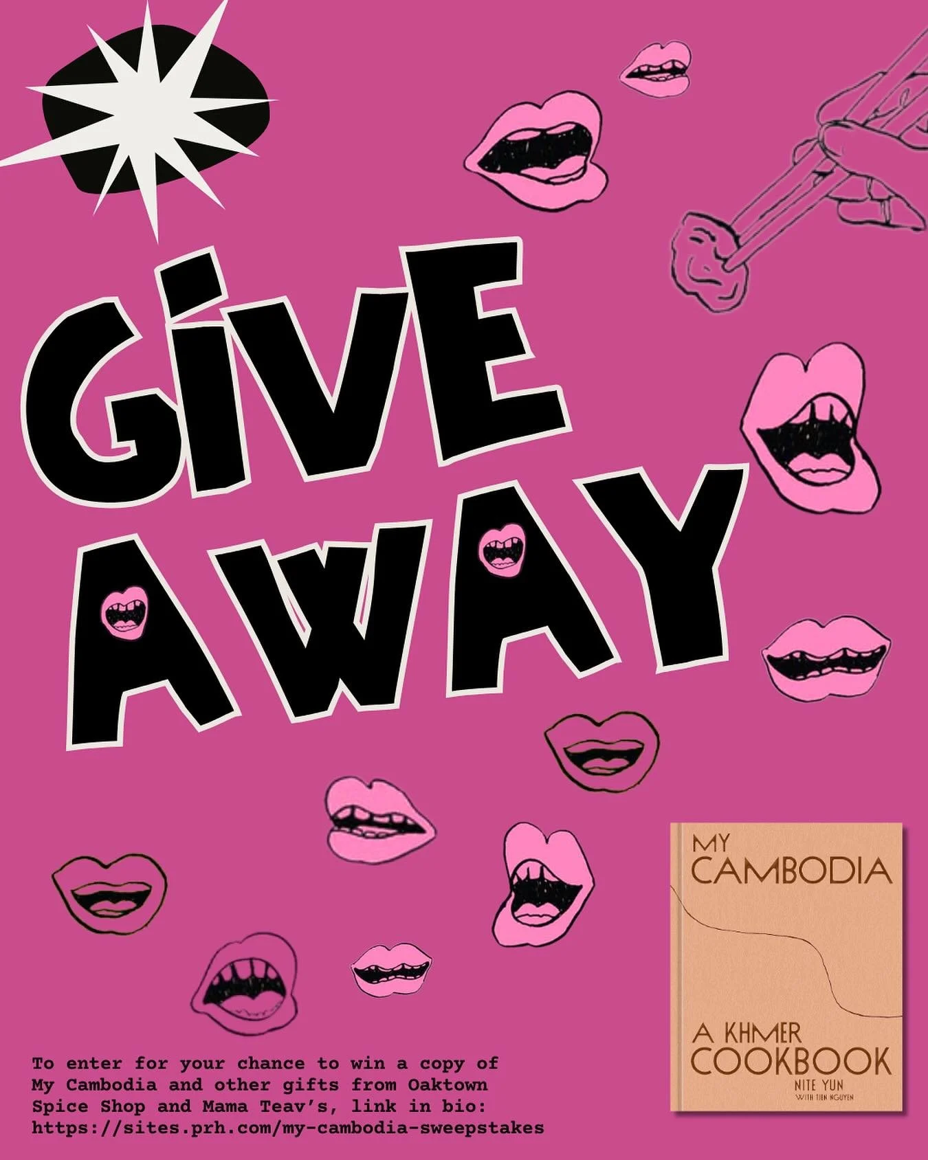 We’re celebrating MY CAMBODIA with a very special giveaway including a few items to help you start cooking from the cookbook. One lucky winner will receive a bundle of spices from Oaktown Spice Shop, chili crisp from Mama Teav’s, a 3-ways