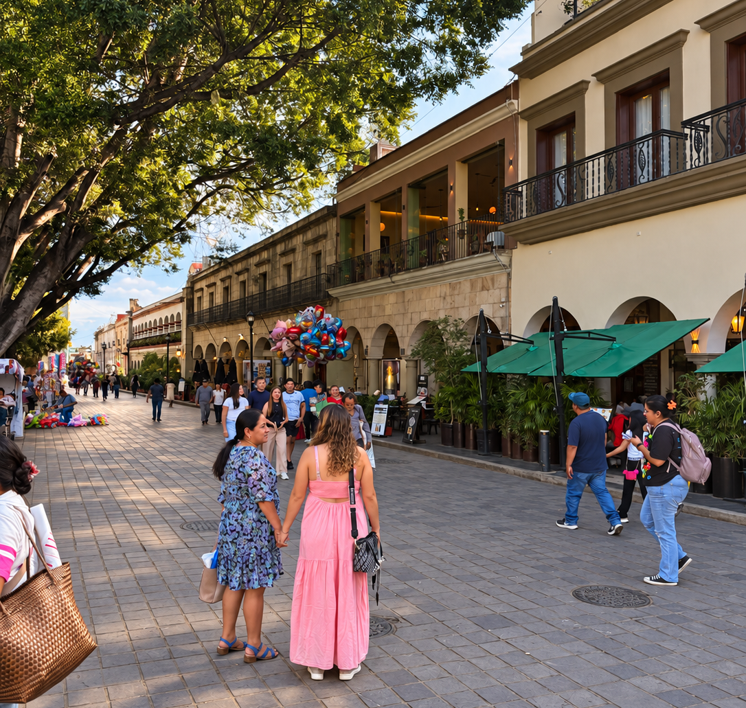 Arcades and shaded walkways around the Zocalo in Oaxaca de Juarez