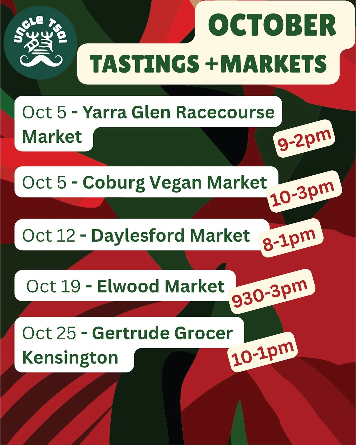 October markets! Potentially more dates to be added stay tuned 👨🏻 

#markets #uncletsai #chillioil #scallionginger #melbourne #melbournemarkets