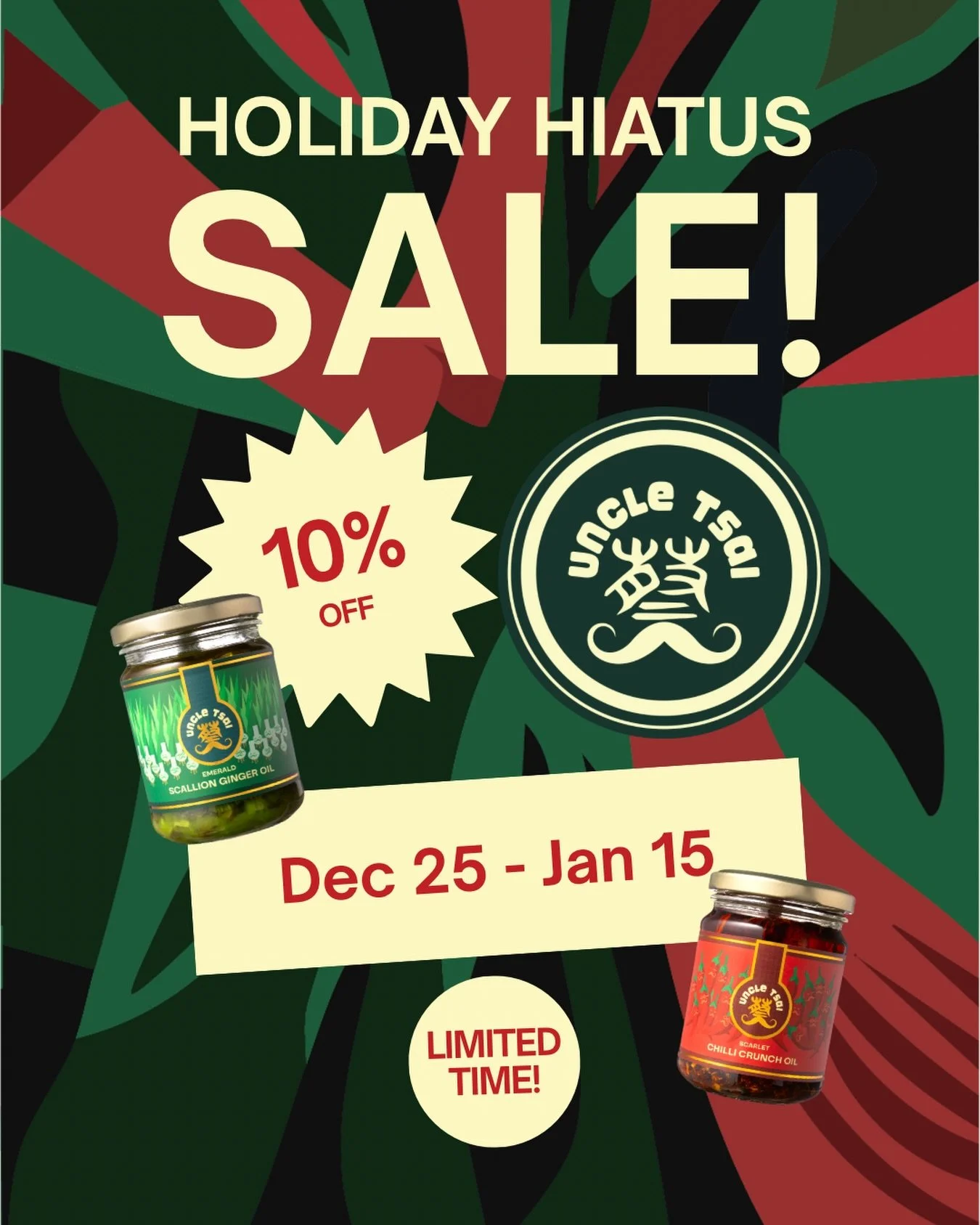 Uncle Tsai is on his way back from holiday! ✈️ 

Which means only 2 days left for our holiday hiatus discount, get your orders in before his plane lands in Melbourne! 

Many Thanks to everyone who has ordered during this period and for your patience,