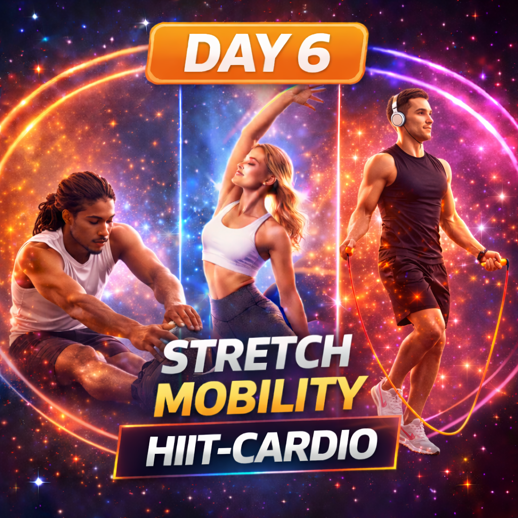 Three fit people exercising against a vibrant, outer space background with stars and light trails. The text overlay reads "Day 6: Stretch, Mobility, HIIT-Cardio."