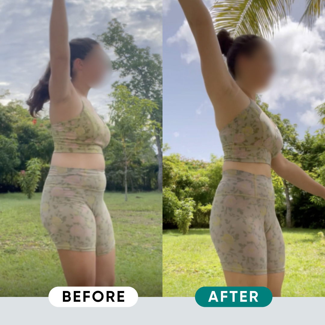 Side-by-side images labeled "before" and "after" showing a person in outdoor workout attire in a green, leafy landscape. Both images illustrate body changes, with slight differences in posture and surrounding greenery.