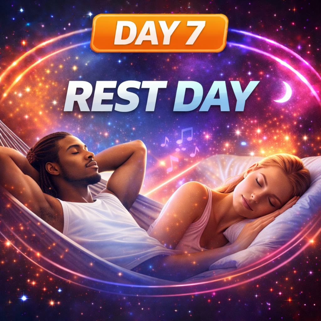 A man and a woman sleeping on beds with a cosmic space background, stars, a crescent moon, and musical notes, with the text "Day 7 Rest Day" in the foreground.