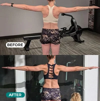 Side-by-side before and after photos of a woman stretching her arms out in a gym. The "before" image shows her in a light sports bra, and the "after" image shows her in a darker sports bra with visible muscle definition.