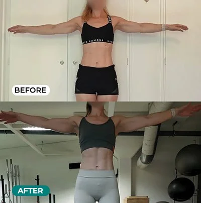 "Before and after workout transformation of a woman in athletic gear, arms outstretched, showing muscle gain."