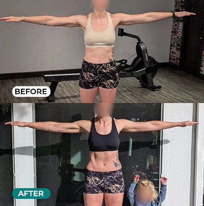 Two side-by-side images showing a woman wearing athletic wear with her arms extended horizontally. The top image is labeled 'before' and the bottom 'after,' highlighting a noticeable fitness transformation. A child is visible in the background of the 'after' image.