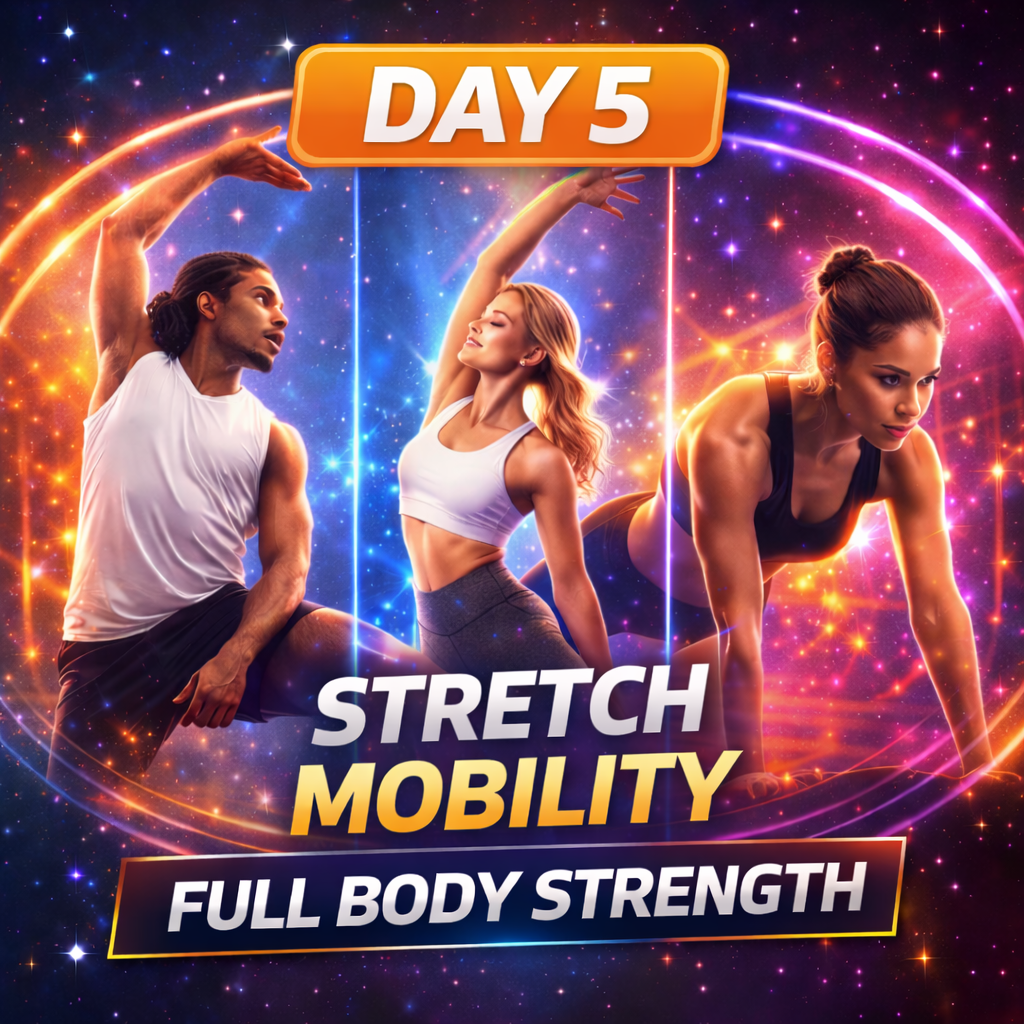 Man exercising with resistance band in gym, extending arms outward; dumbbells and fitness equipment in background.
