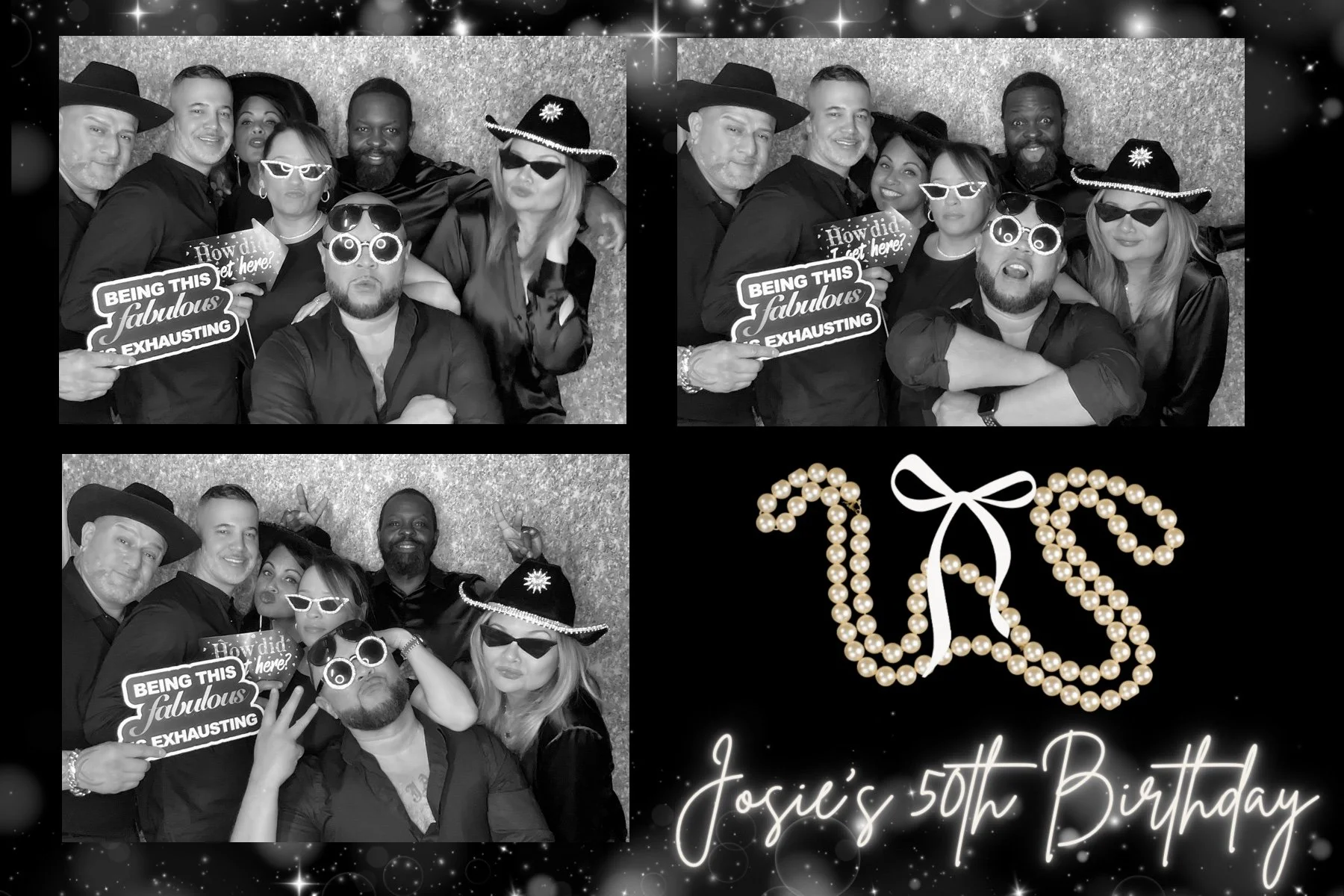 A collage of four black-and-white photos of six adults celebrating Josie's 50th birthday, with props like hats, sunglasses, and signs. The bottom right features decorated initials 'J' and 'B' made of pearls, and the text 'Josie's 50th Birthday' on a 