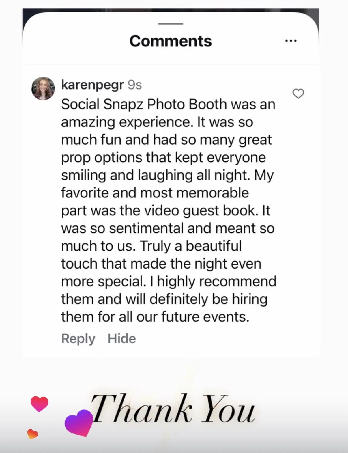 A social media comment on a white background with colorful hearts and the words 'Thank You' at the bottom.