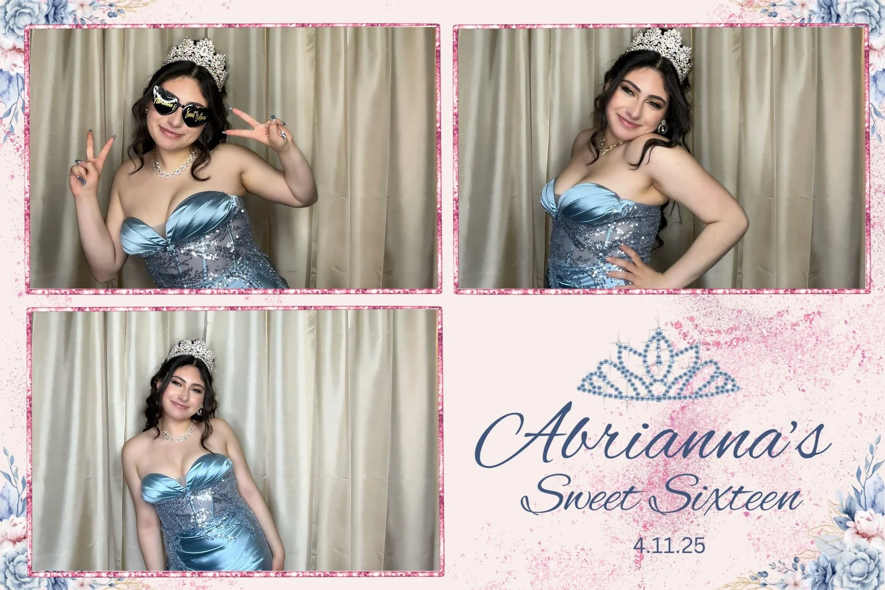 A girl at her quinceañera celebration in a blue satin dress with rhinestones, wearing a tiara, and posing with different expressions against a beige curtain background. The image collage includes three photos of her and a decorative frame with her na