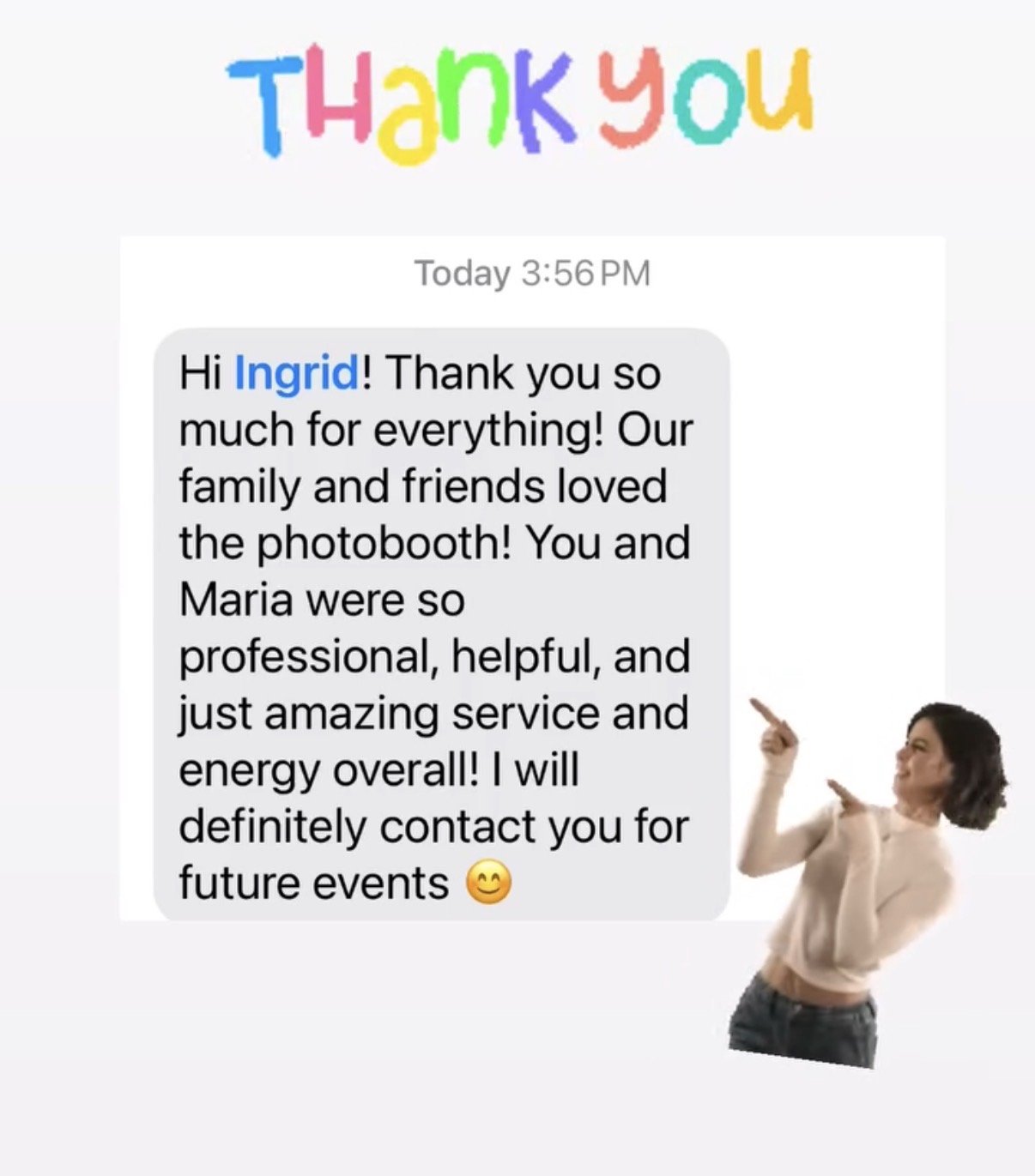 A thank you message on a screen with colorful 'THANK YOU' text at the top, a chat bubble with a positive review, and a woman pointing towards the message.