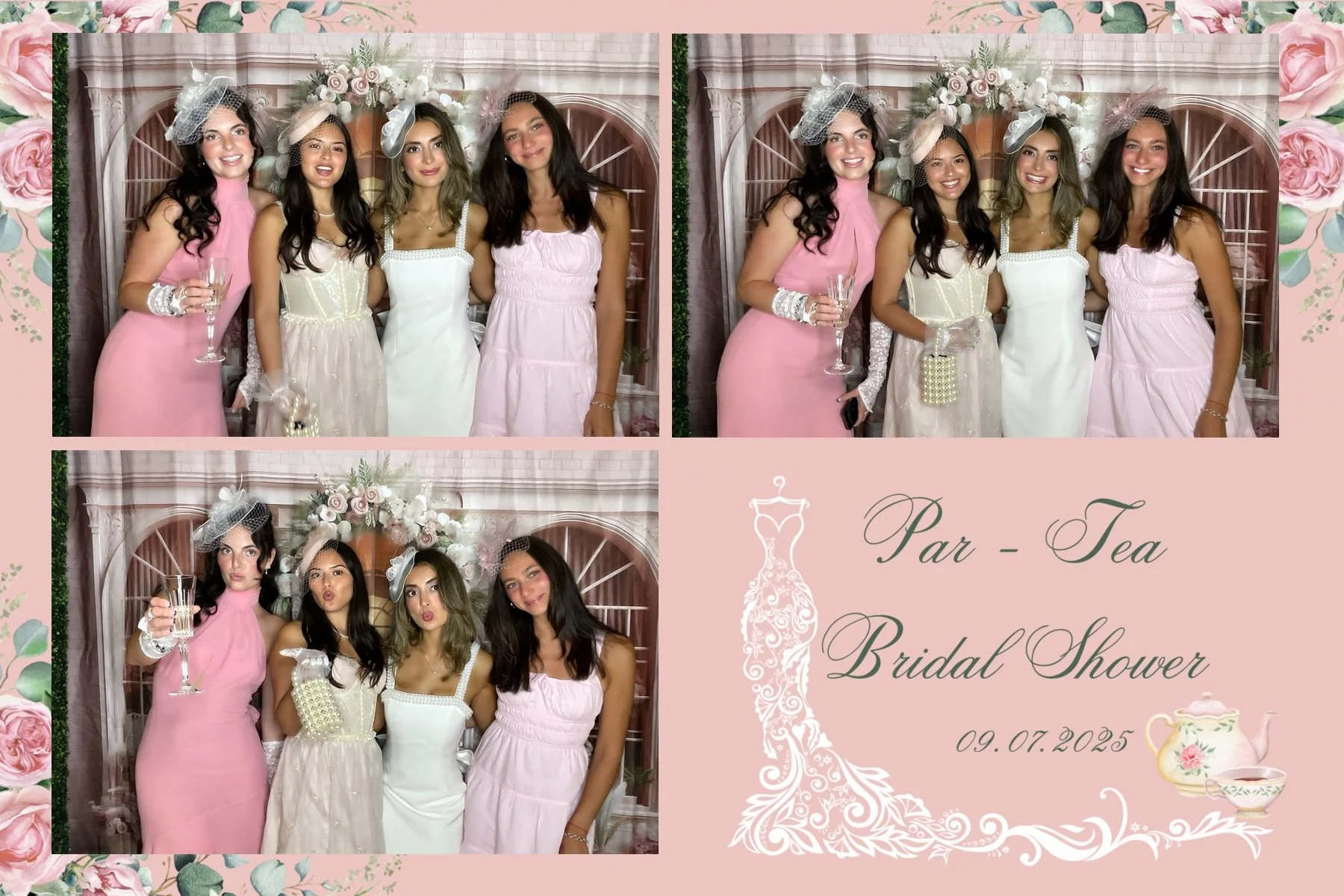 Four women at a bridal shower, dressed in pastel pink and white outfits, with decorative headpieces and gloves, posing in front of a floral backdrop. The event is labeled as 'Par-Tea Bridal Shower' on July 9, 2025, with illustrations of a wedding dre