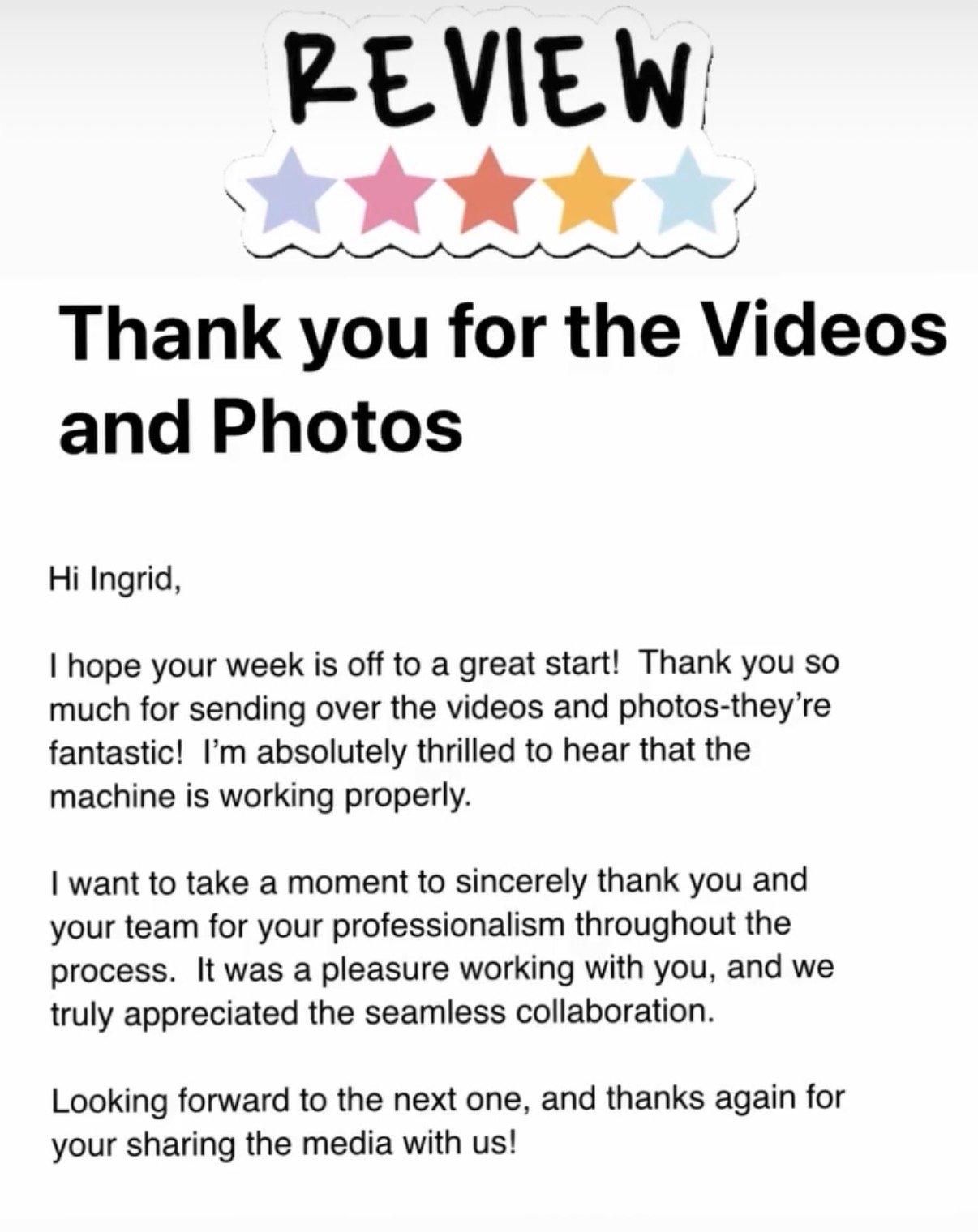 Thank you note acknowledging receipt of videos and photos with a decorative 'REVIEW' banner featuring colorful stars.