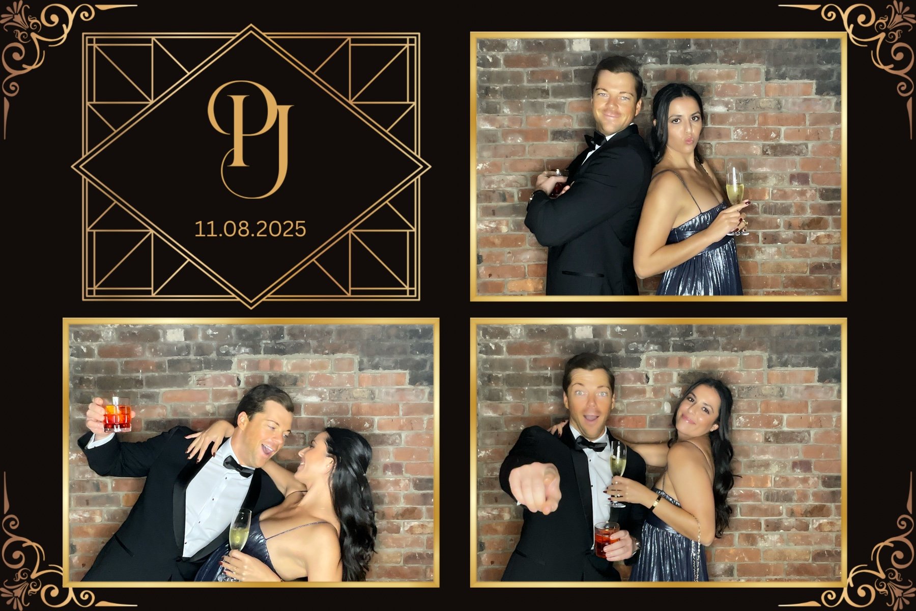 A photo collage of a couple at a formal event, with a decorative black and gold border, three pictures of the couple in tuxedo and gown, holding drinks, posing and celebrating against a brick wall, and a stylized monogram logo with initials 'PJ' and 