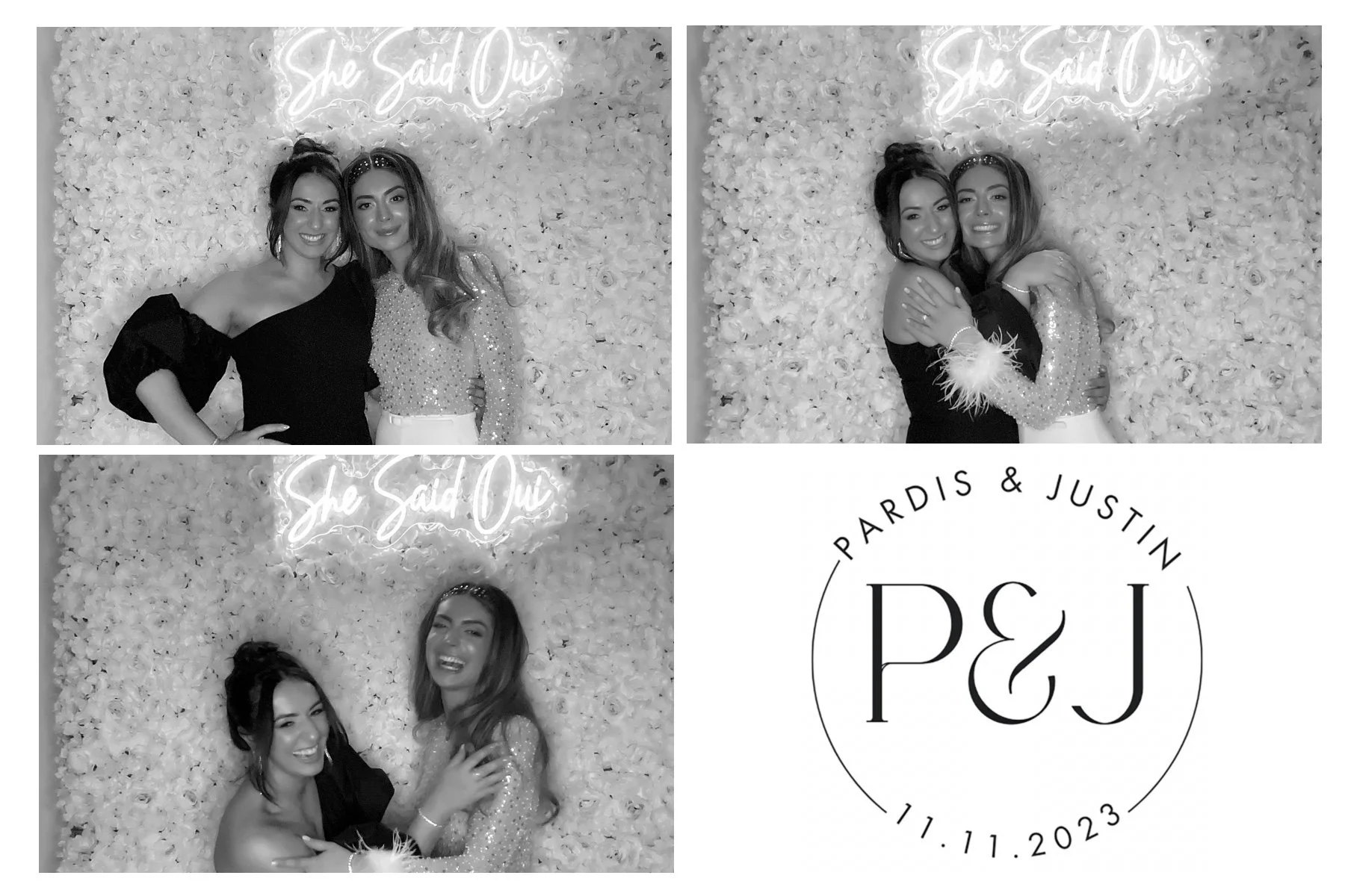 Black and white collage of three photos of two women at a wedding, posing together and embracing. They are standing in front of a floral wall with a neon sign reading "She Said Oui". The event date is 11.11.2023, and there is a logo with the names Pa