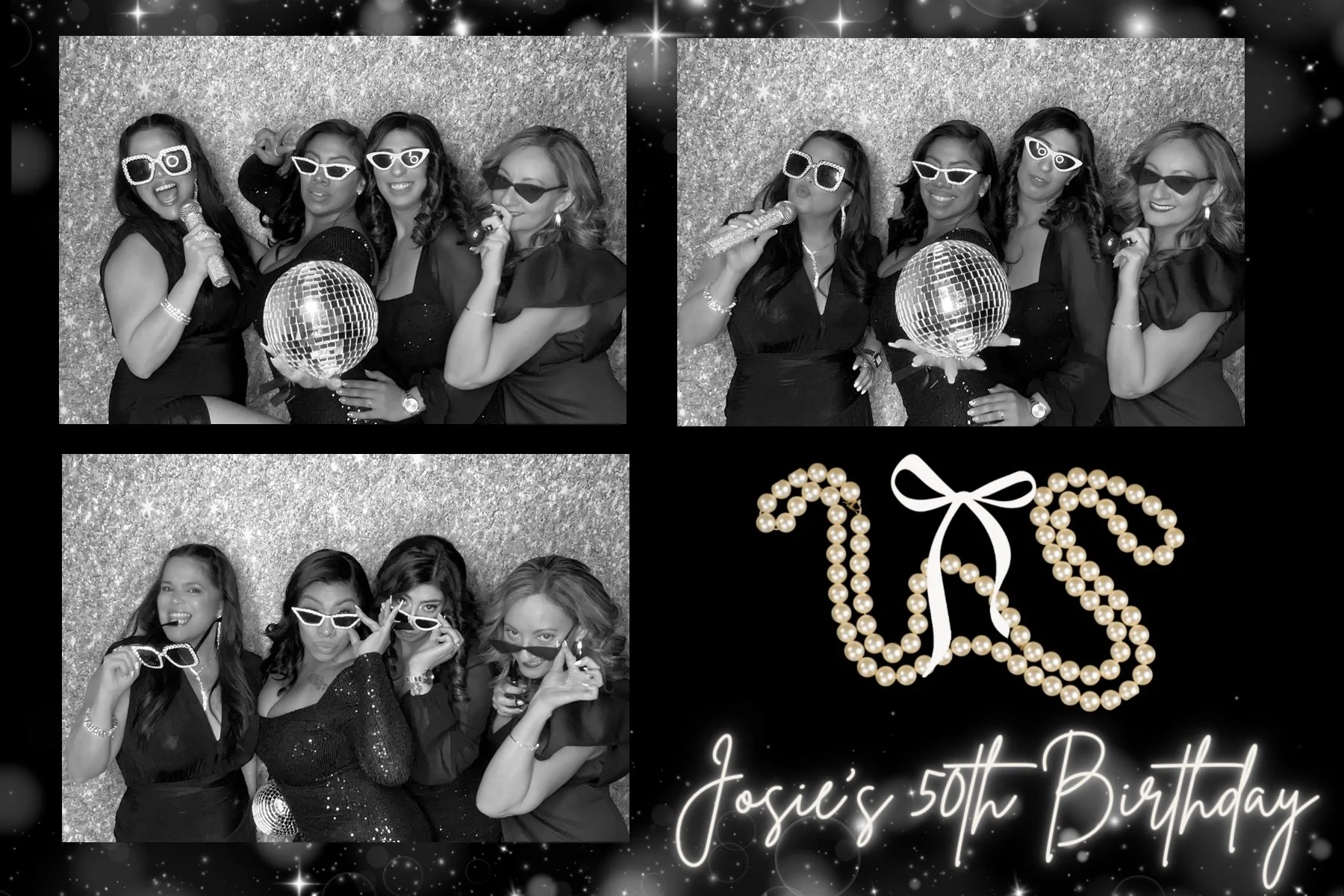 Four women in a photo booth with glittery backgrounds, dressed in black, wearing sunglasses, holding microphones, and a disco ball, celebrating Josie's 50th birthday with decorative text and pearl initials LS.