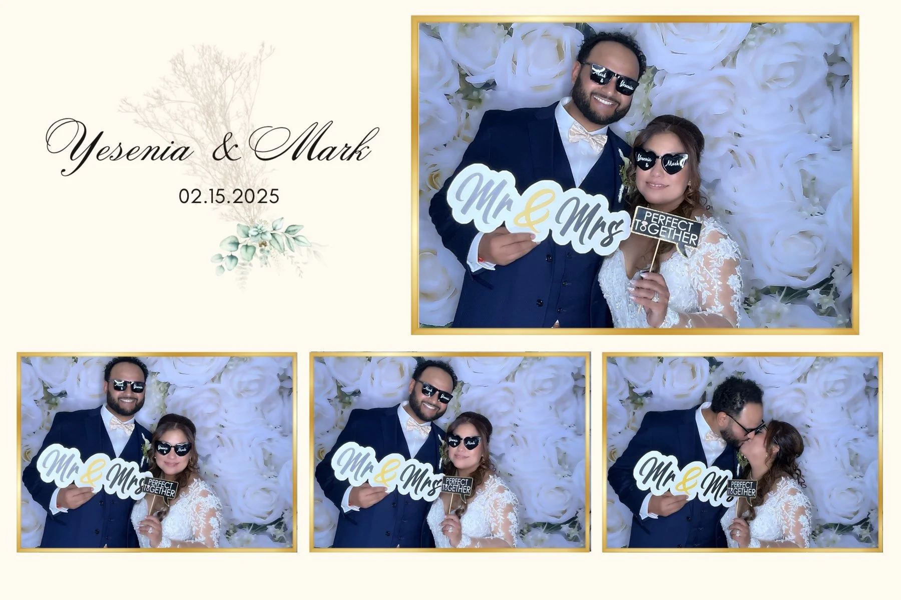 A collage of four photos of a wedding couple, Ysenia and Mark, dressed formally, holding signs that say 'Mr & Mrs' and 'Perfect together,' in front of a large white flower background. The photos show the couple smiling, hugging, and sharing a kiss.