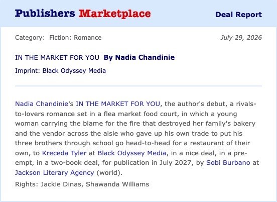Publishers Marketplace Deal Report for In The Market For You by Nadia Chandinie