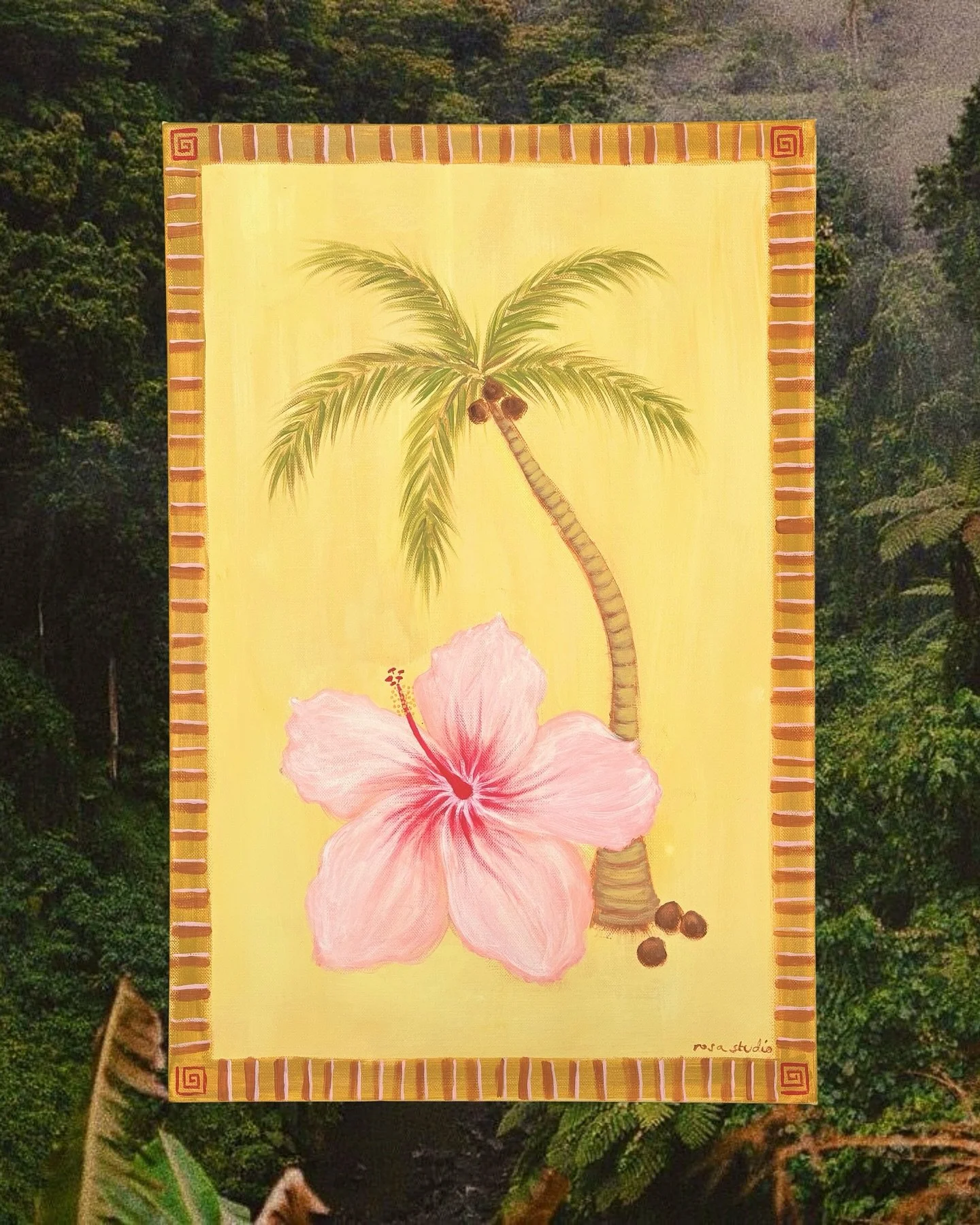 Hibiscus Butter 🌺🧈🌺🧈 

New painting inspired by the muted warm shades of dawn and dusk. Loving butter yellow and pink paired with earthy tones. Also painting palm leaves is funner than expected. X