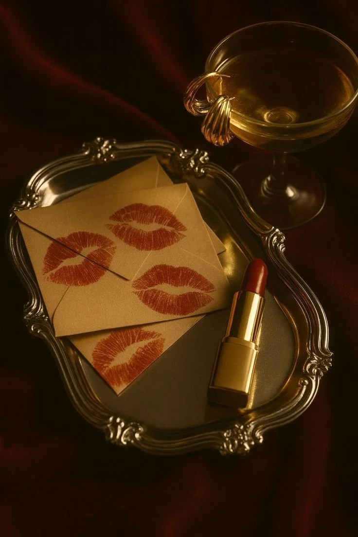 A silver tray holding a lipstick, two envelopes with red lipstick kiss marks, and a cocktail glass with a lemon wedge, all set on a dark surface.
