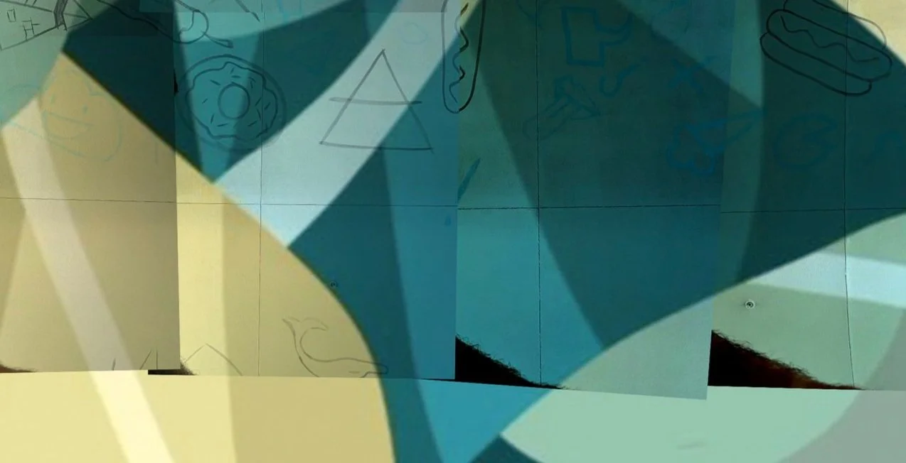 Abstract digital artwork with overlapping geometric shapes in shades of blue, green, yellow, and black, some with faint line drawings of various symbols and objects.