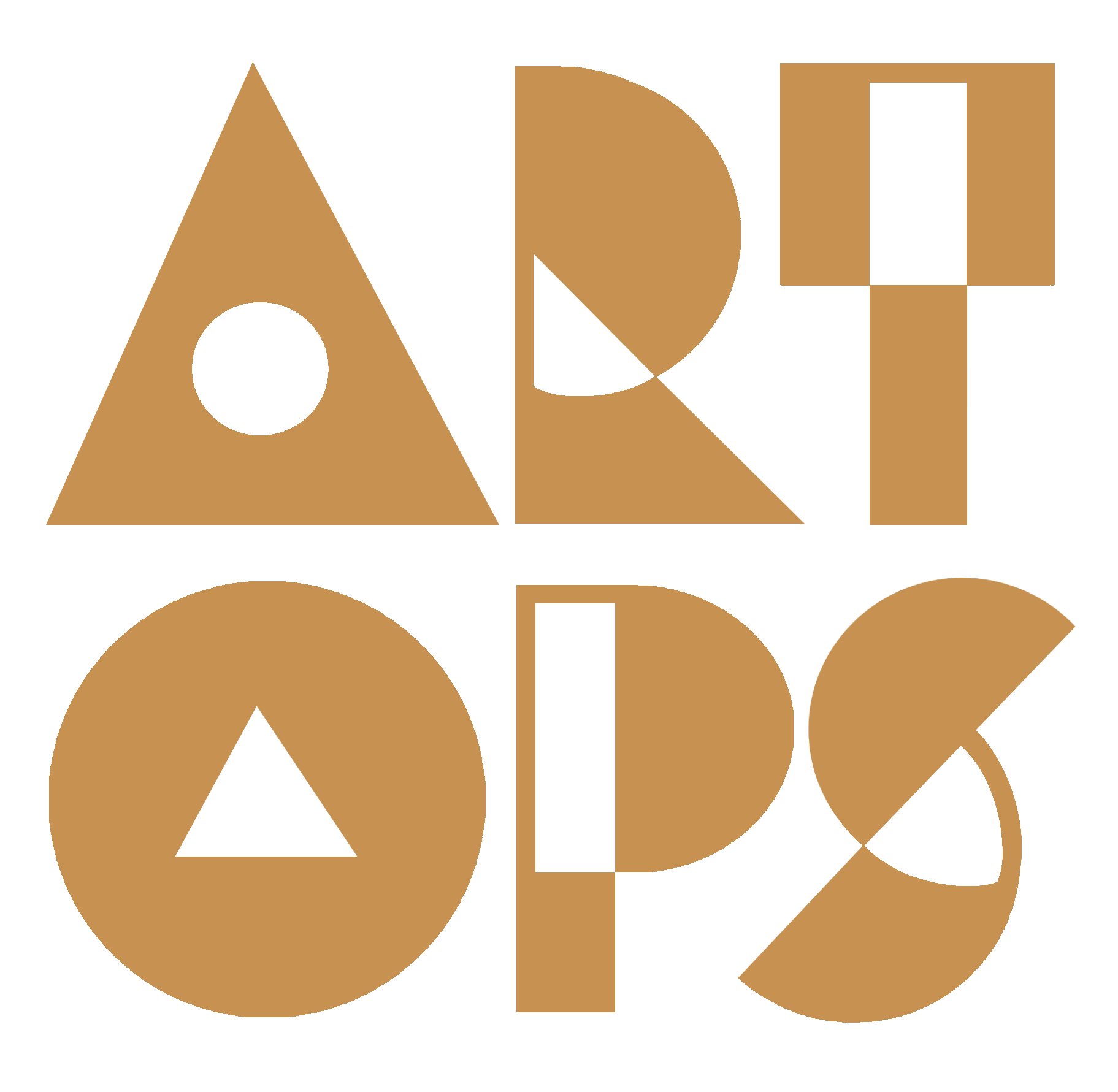 Stylized text that spells out "ART APPS" with geometric shapes forming the letters in gold color on a black background.